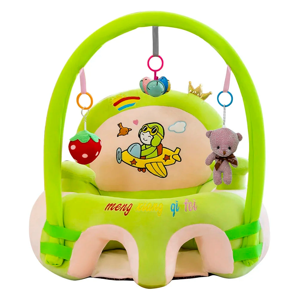 Green baby activity center with toys on a white background