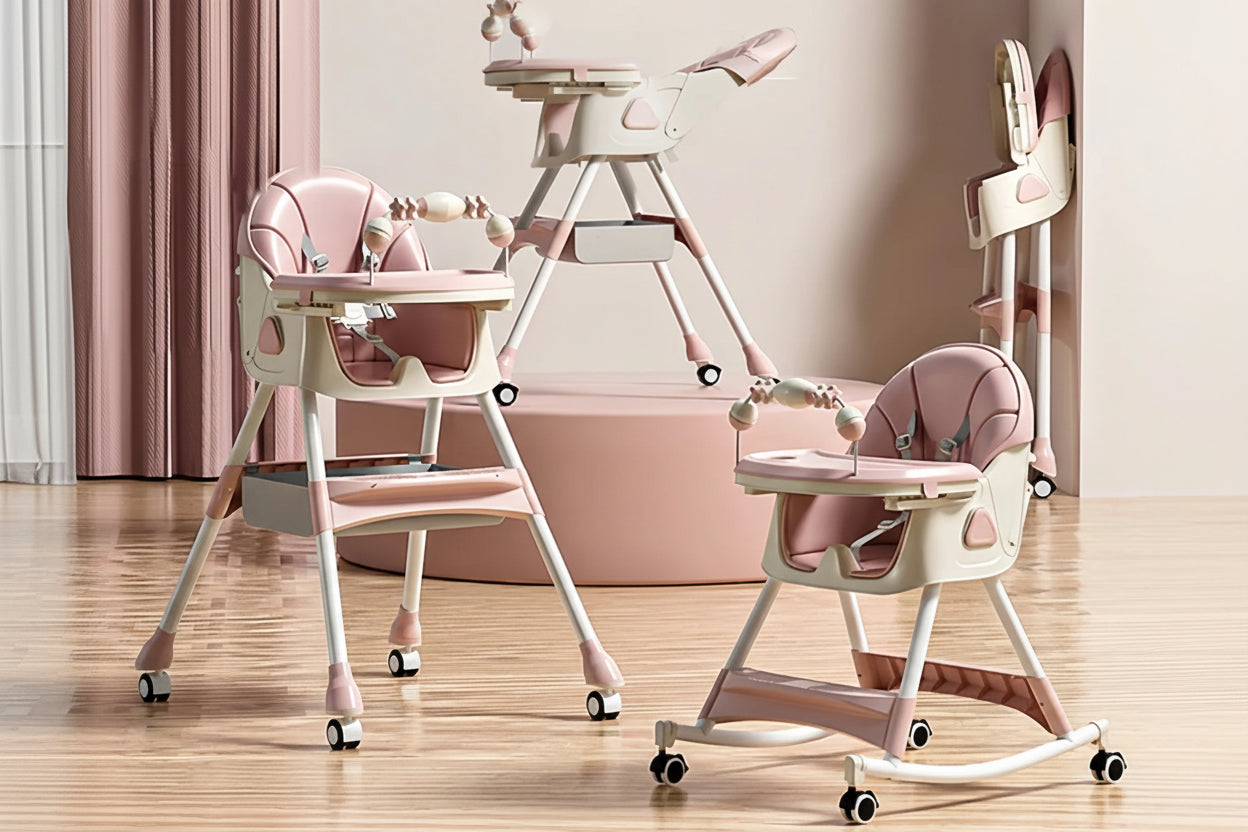 Children's high chair with multiple functions on a wooden floor.