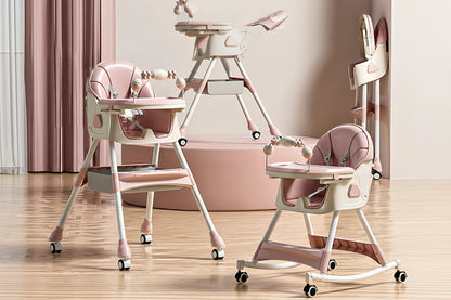 Children's high chair with multiple functions on a wooden floor.