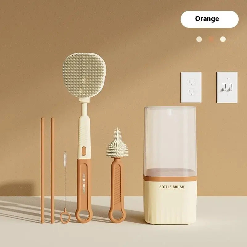 Set of cleaning brushes and a bottle brush container on a beige background