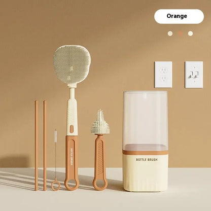 Set of cleaning brushes and a bottle brush container on a beige background