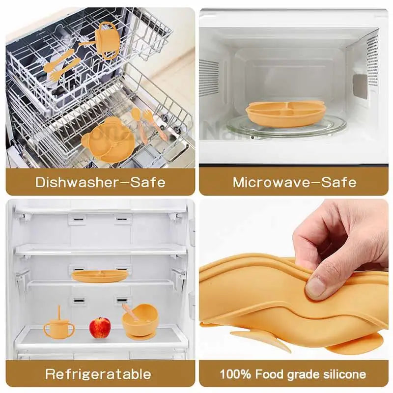 Collage of a silicone kitchen tool being used in a dishwasher, microwave, refrigerator, and held by a hand.