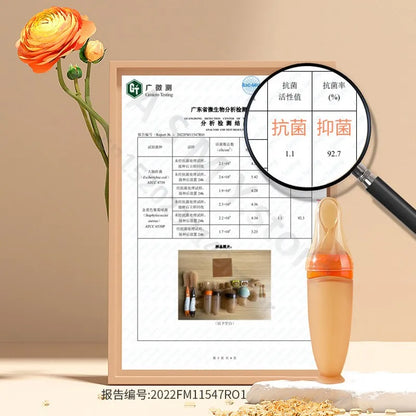 Product certification document with a magnifying glass, flower, and bottle on a beige background