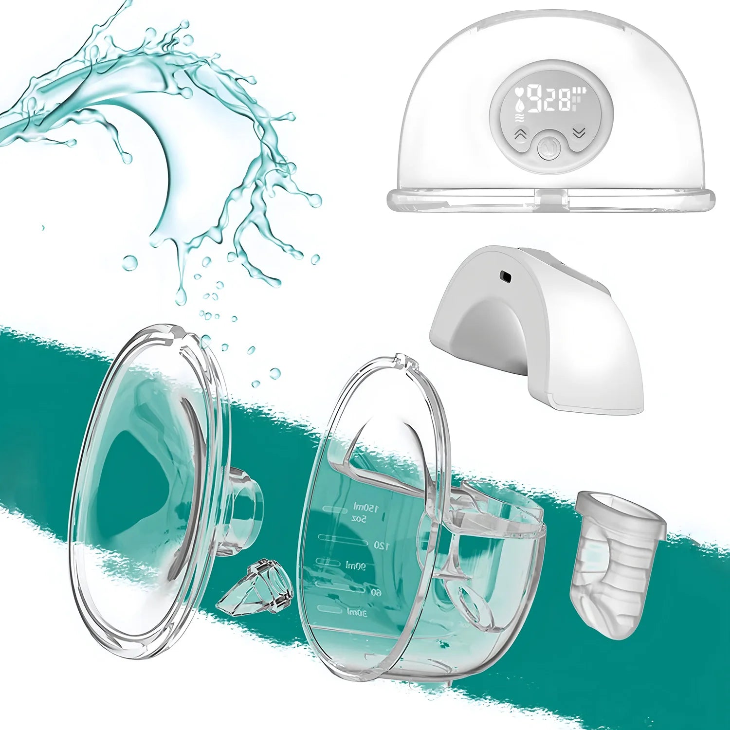 Breast pump parts with digital display and water splash graphics on a white background