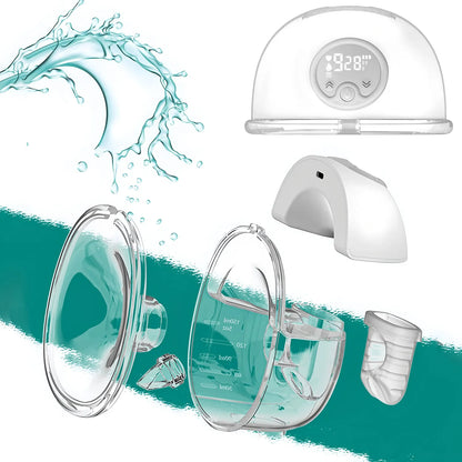 Breast pump parts with digital display and water splash graphics on a white background