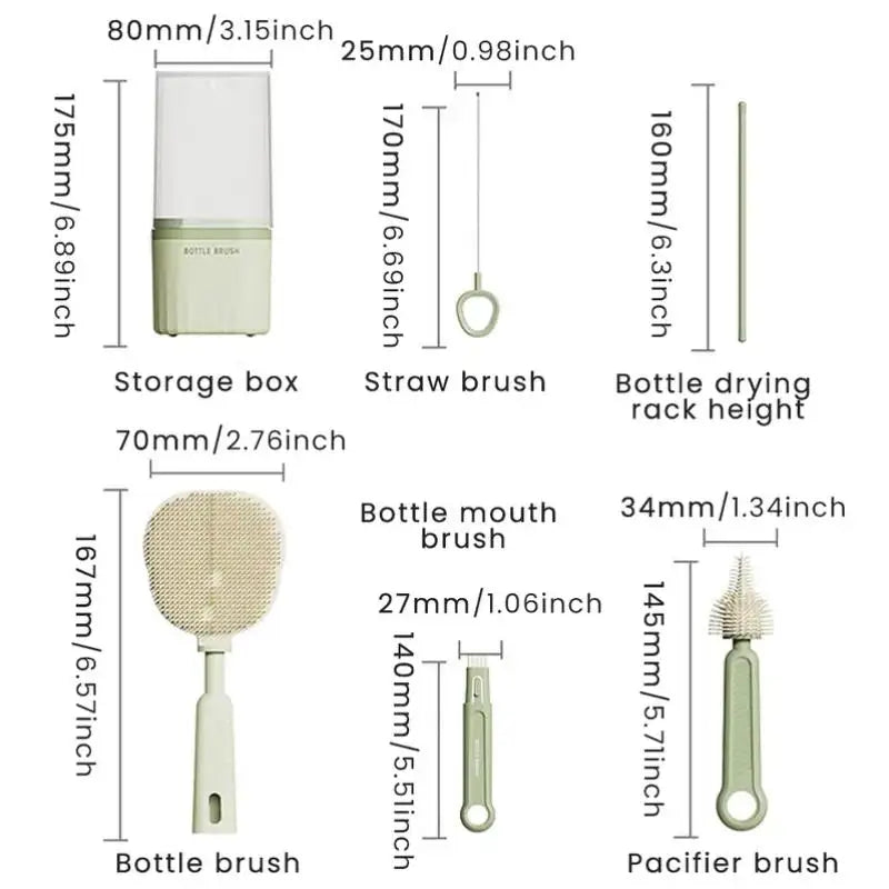 Measurement chart of a bottle cleaning set with various brushes and a storage box.