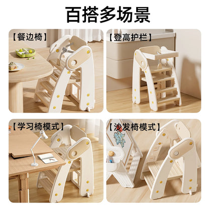 Multi-functional children's chair in various settings with text labels.