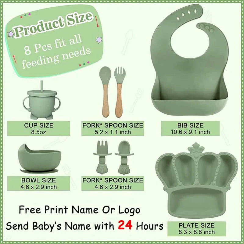 8-Piece Silicone Baby Feeding Set | Crown Plate with Suction Bowl | BPA-Free Tableware
