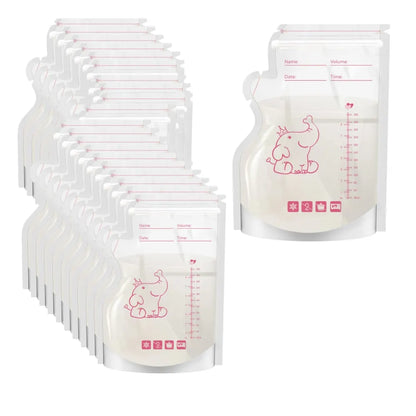 Set of breast milk storage bags with measurement markings on a white background