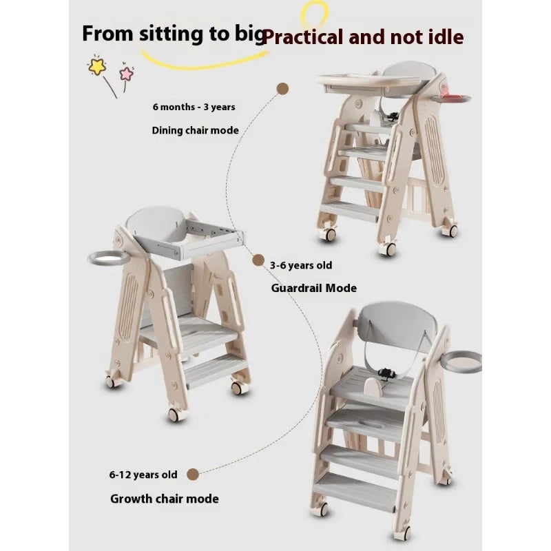Multi-stage children's chair with text indicating its use from sitting to growth mode.