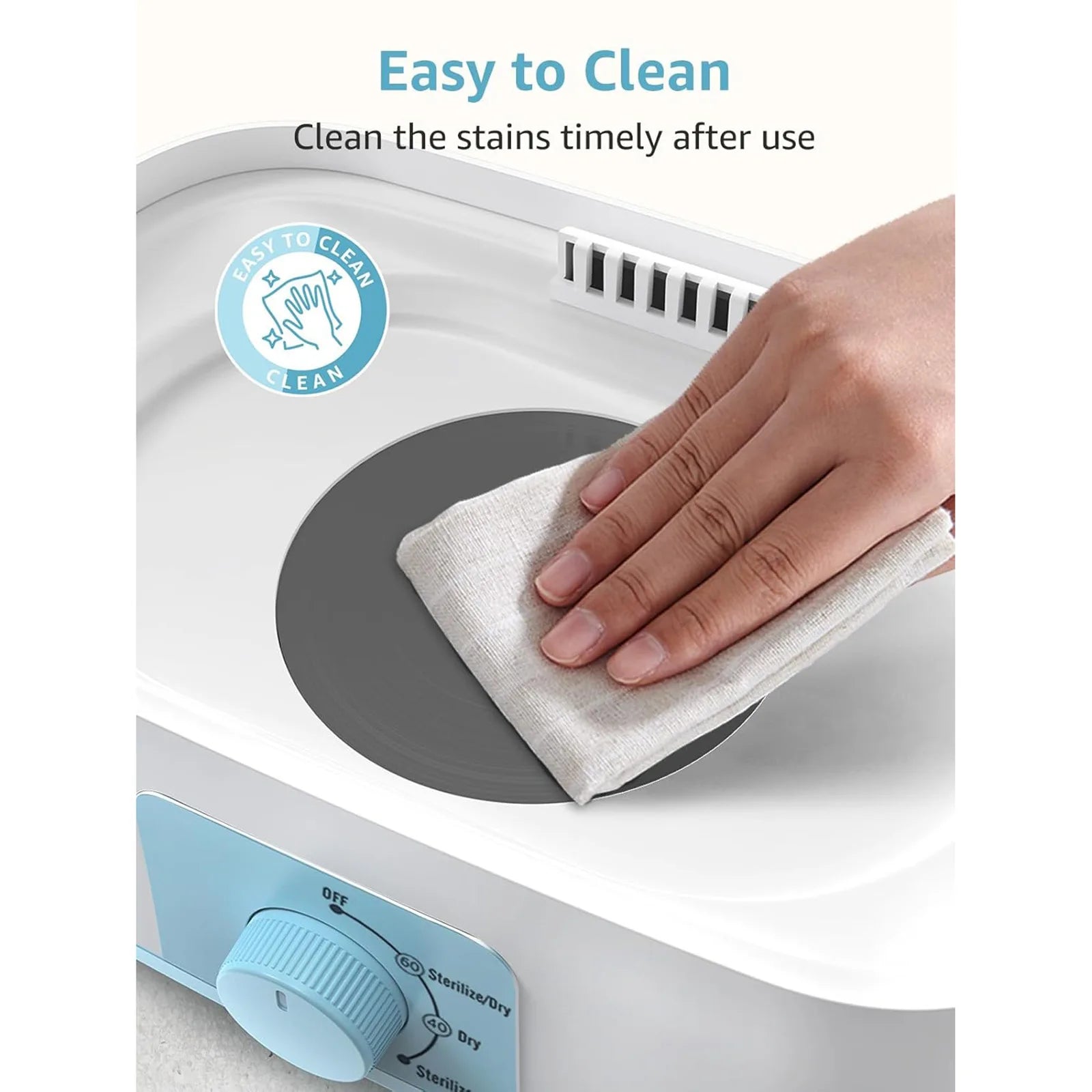 Person cleaning a white appliance with a cloth, emphasizing ease of cleaning.