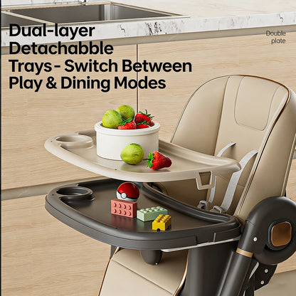 Child's high chair with detachable trays in a kitchen setting