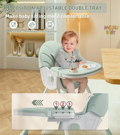 Baby sitting in a high chair with a 3-position adjustable double tray, featuring the brand 'Aniku Baby'.