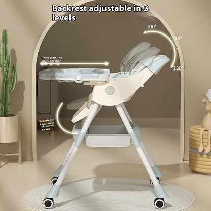 Adjustable high chair with backrest adjustment levels shown, placed in a room with decor elements.