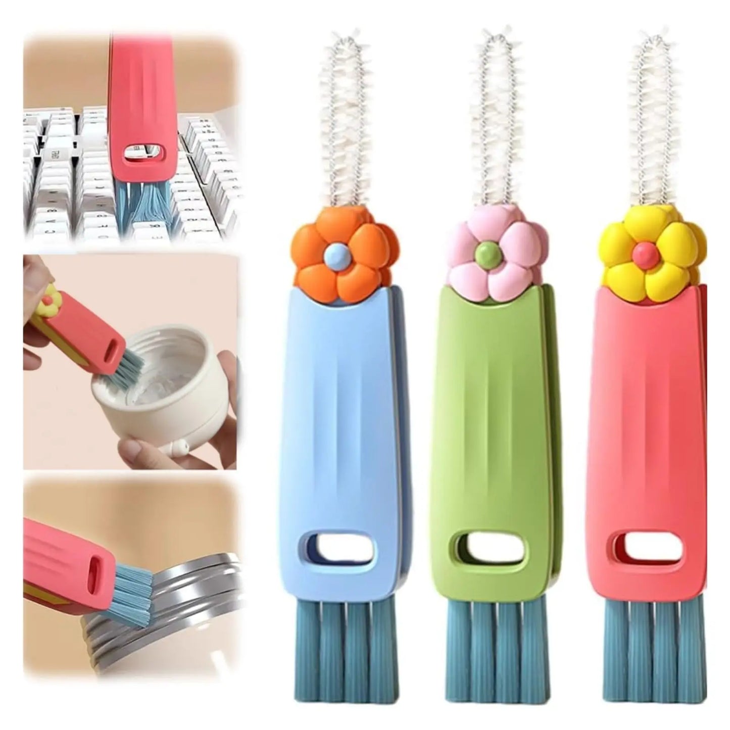 Three colorful cleaning brushes with floral designs on handles, used for cleaning bottles.