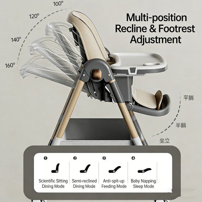 Multi-position recline and footrest adjustment feature of a high chair with text labels on a gray background.