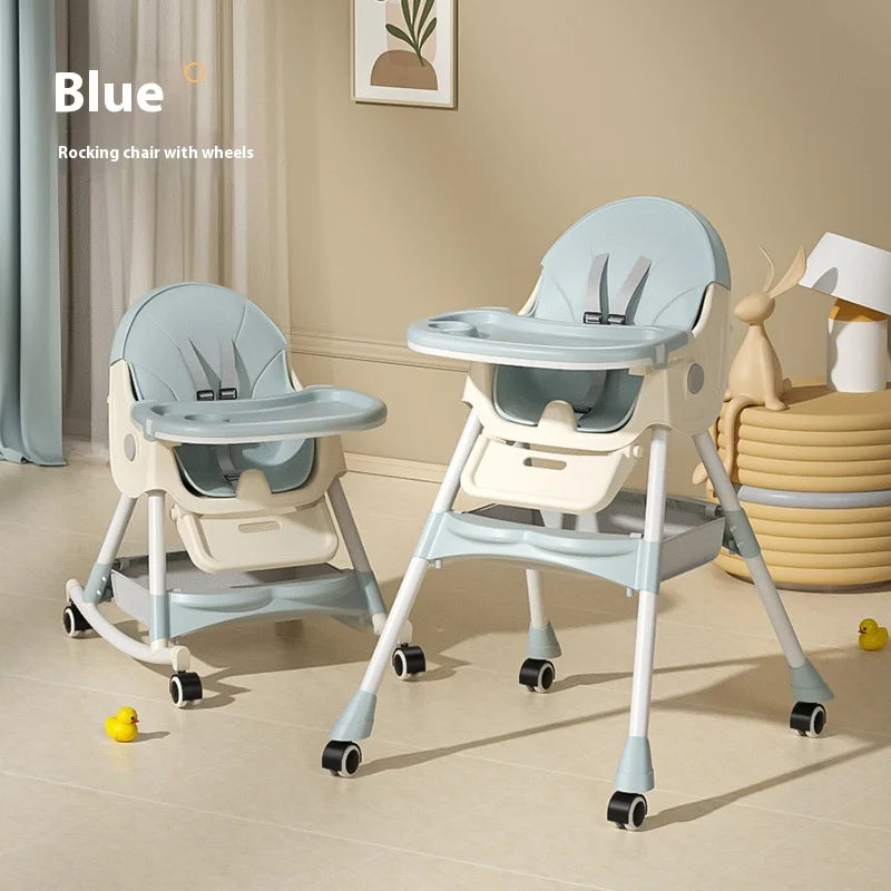 Blue rocking chair with wheels in a room setting