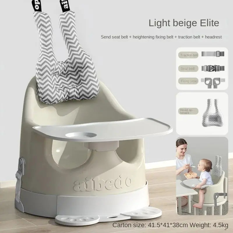 Baby seat with various attachments and a woman with a child in a different setting.