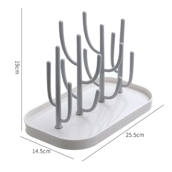Gray drying rack with dimensions on a white background