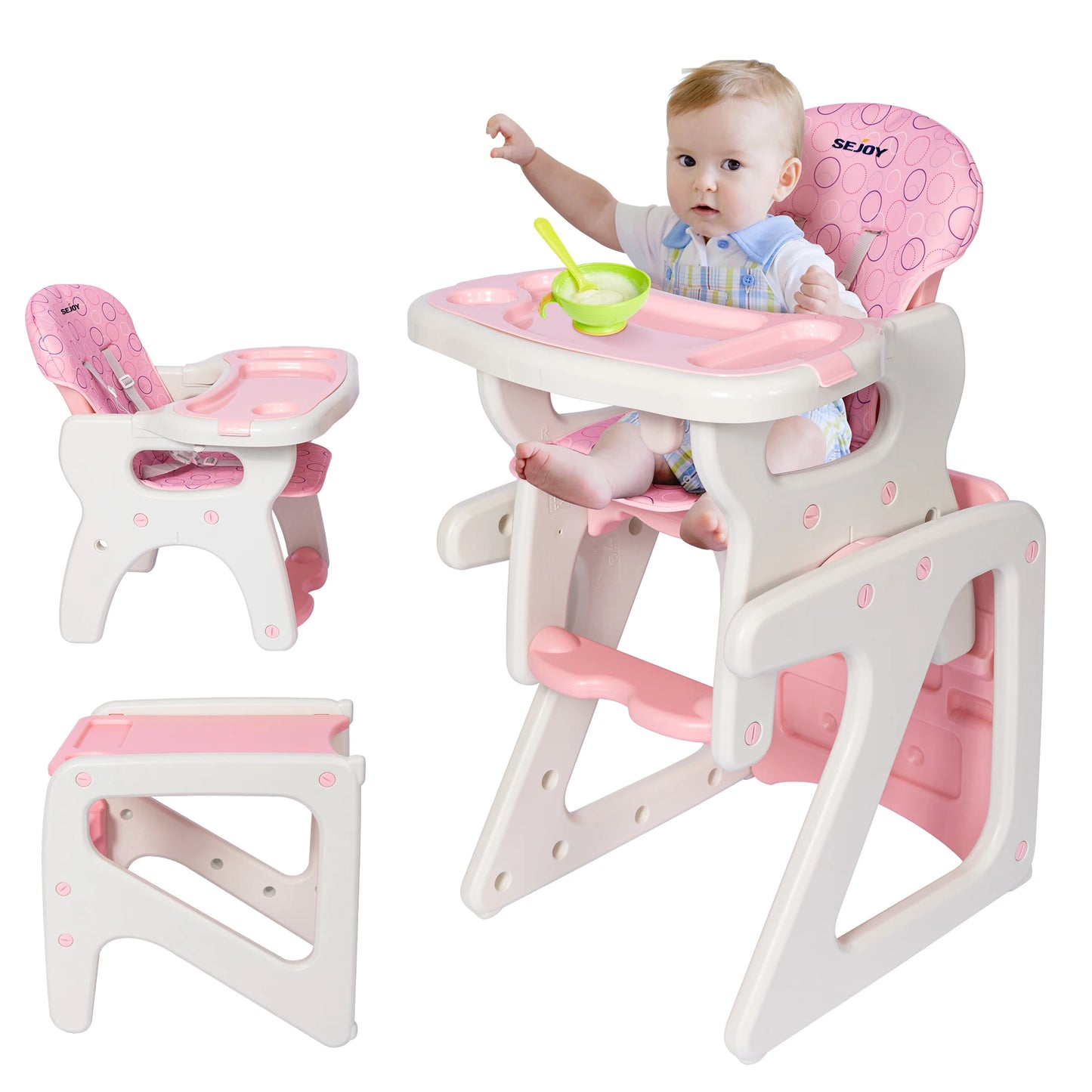 Baby in a pink and white high chair with additional seat and tray attached.