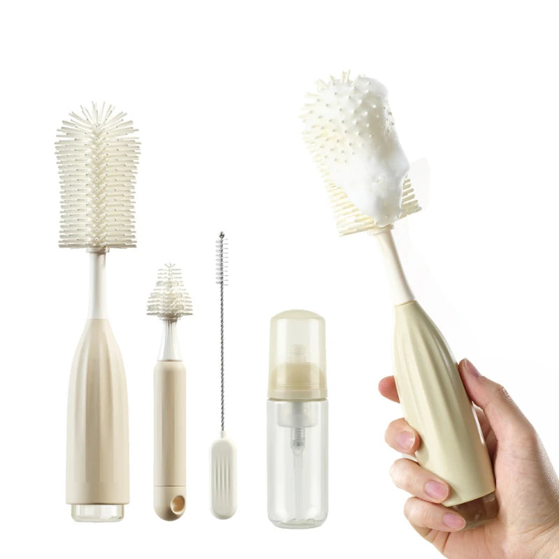 Set of cleaning brushes and bottles on a white background