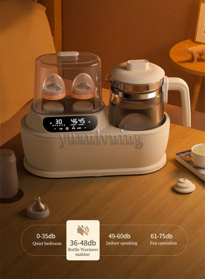 Baby bottle warmer and feeder on a wooden surface with product specifications displayed.