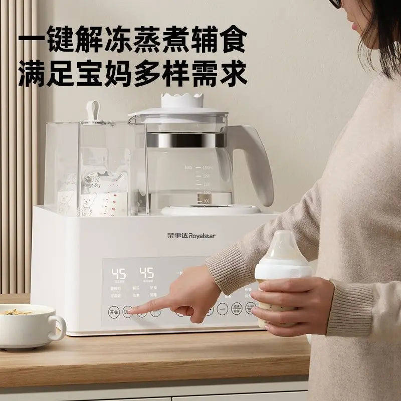 Person using a modern kitchen appliance with text on a neutral background