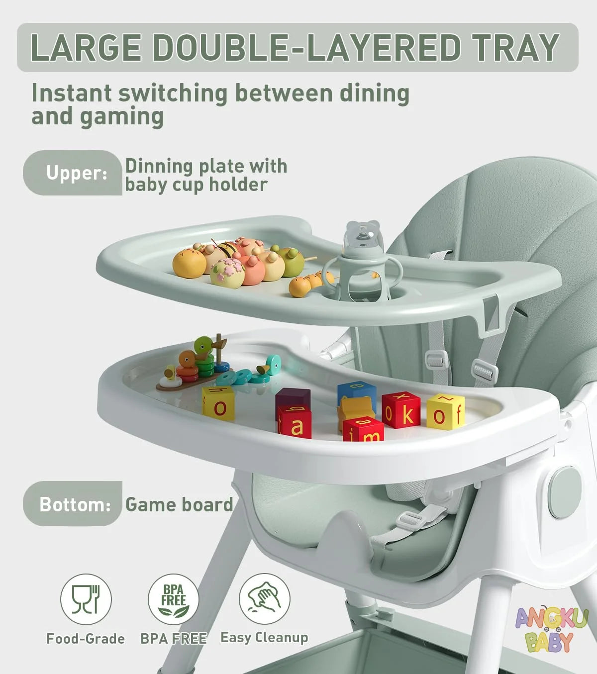 Baby high chair with large double-layered tray for dining and gaming, featuring a dining plate with baby cup holder and a game board.