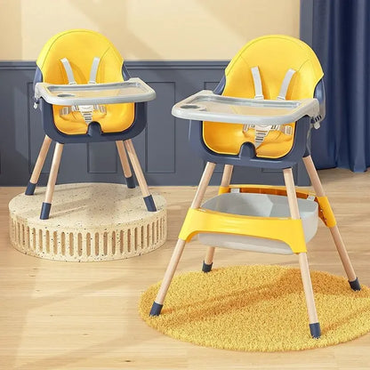 Two yellow high chairs with blue accents on a wooden floor.