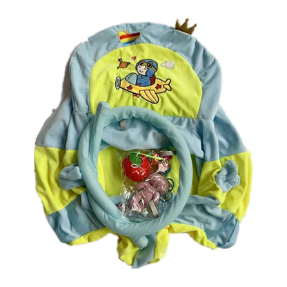 Colorful children's backpack with cartoon design on a white background