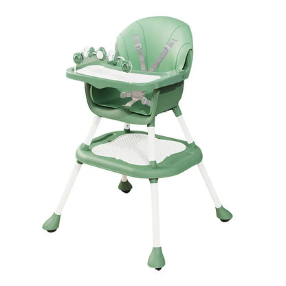 Green high chair with tray on a white background