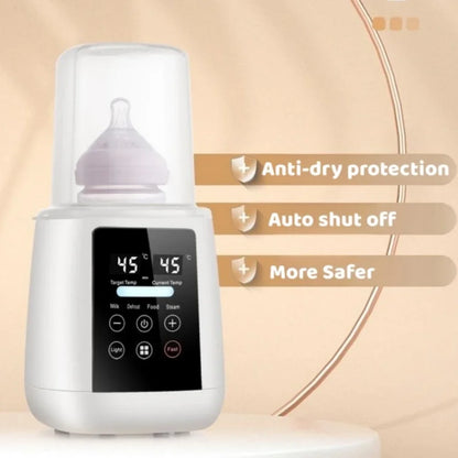 Baby bottle warmer with digital display on a beige background