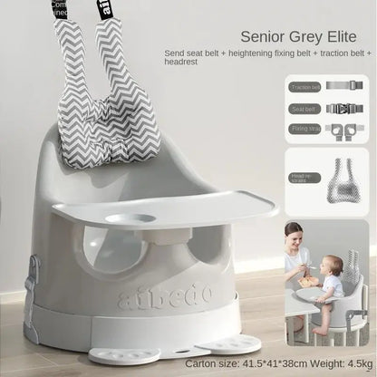 Children's booster seat with additional features and usage scenario on a light background