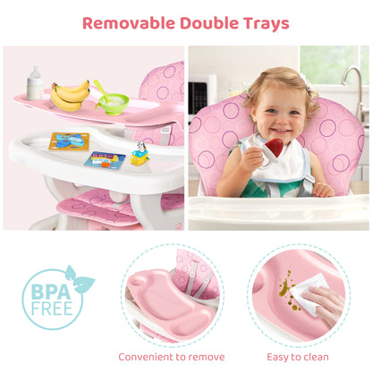 Baby high chair with removable double trays and BPA-free feature, featuring a child using the chair.