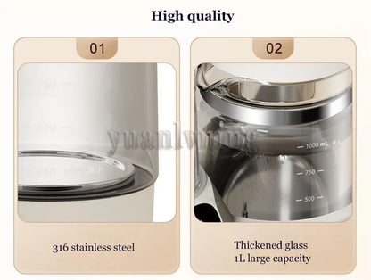 Two views of a glass and stainless steel container with measurement markings, labeled 'High quality' and 'yuanluo'.