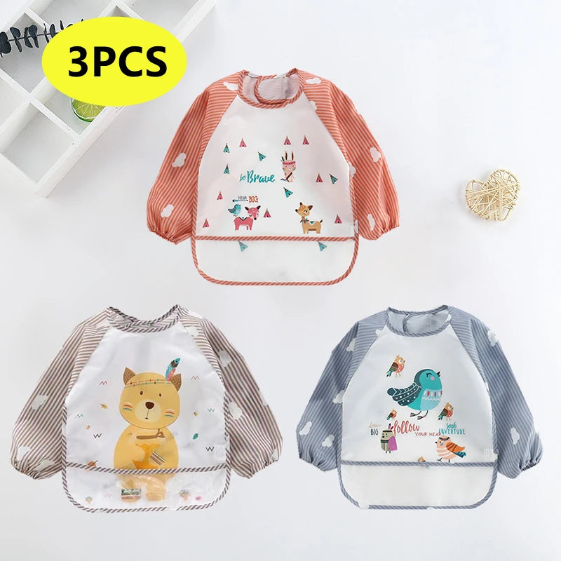 Long Sleeve Baby Bib with Pocket - Cartoon Waterproof Apron for 0-3 Years