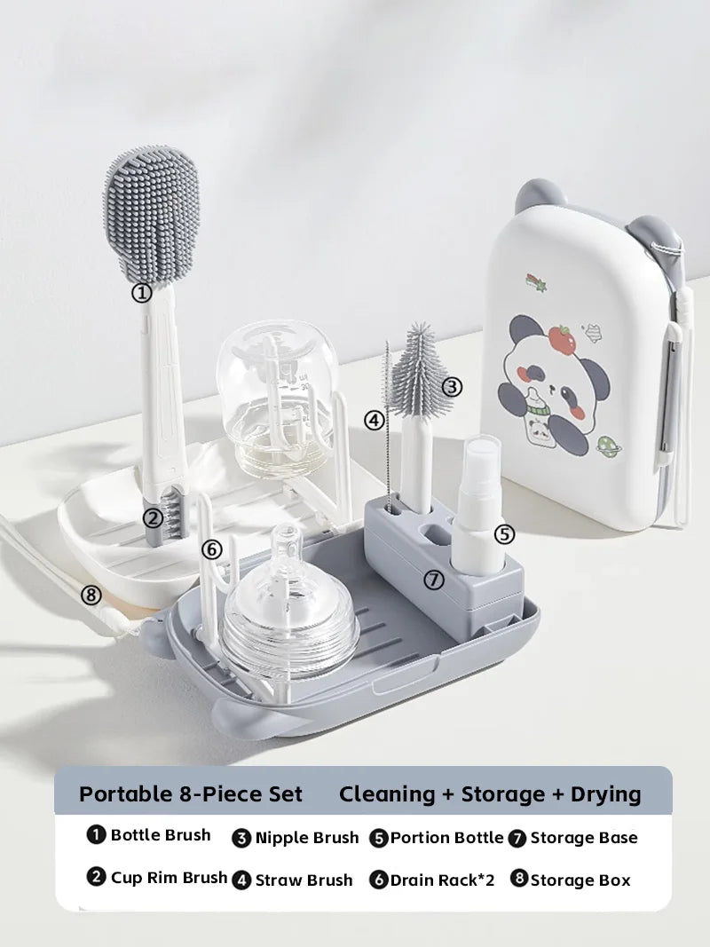 Portable 8-piece baby bottle cleaning and storage set with labeled components on a white background.