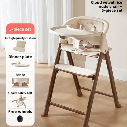 Wooden high chair with accessories on a light wooden floor.
