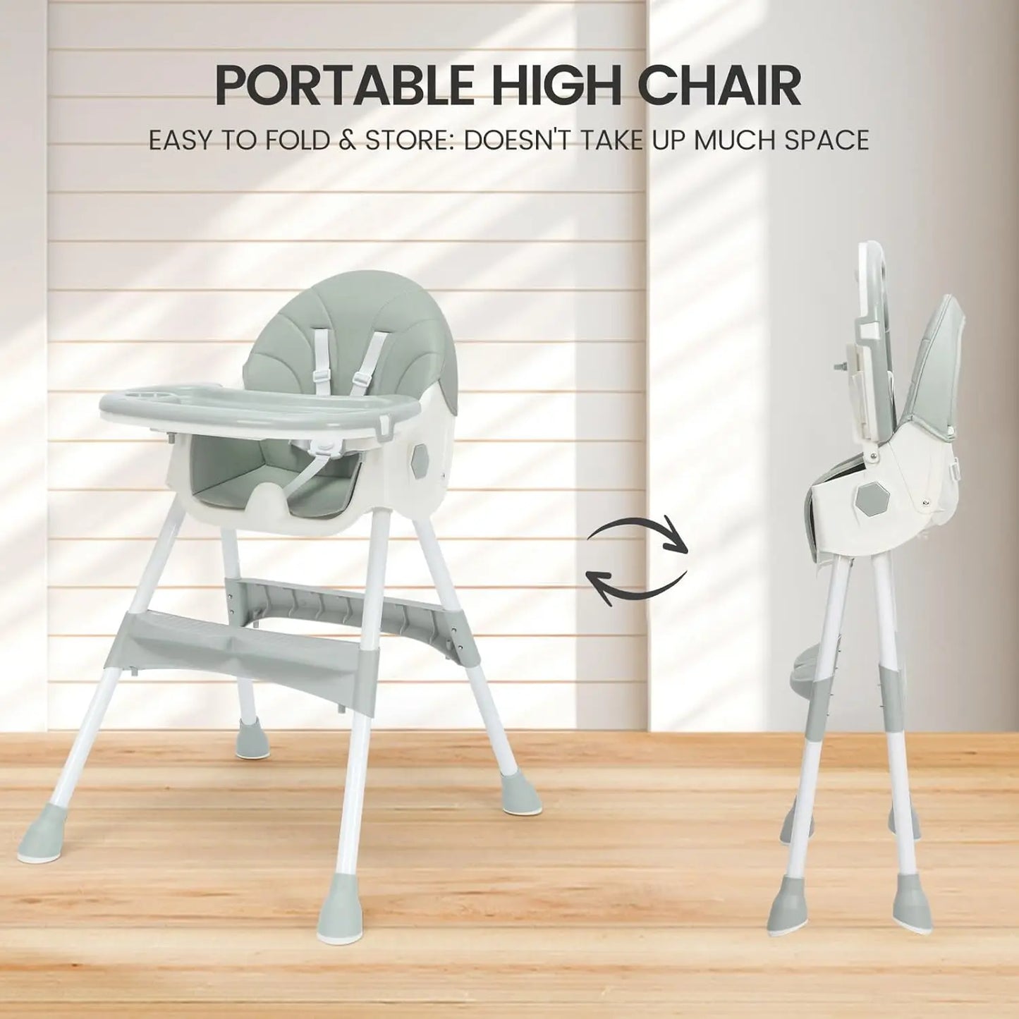 Portable high chair shown in folded and expanded states on a wooden surface with text indicating ease of use.