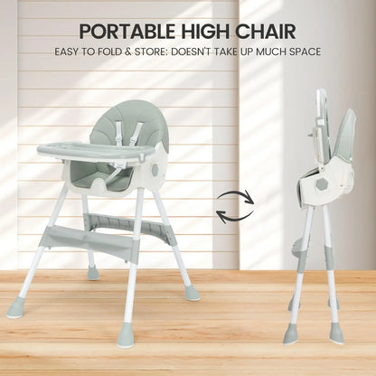 Portable high chair shown in folded and expanded states on a wooden surface with text indicating ease of use.