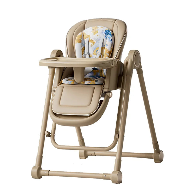 Beige baby high chair with floral cushion on a white background