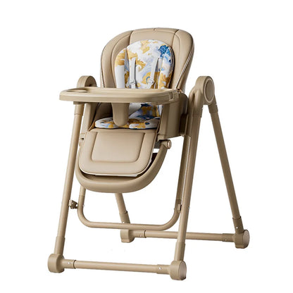 Beige baby high chair with floral cushion on a white background