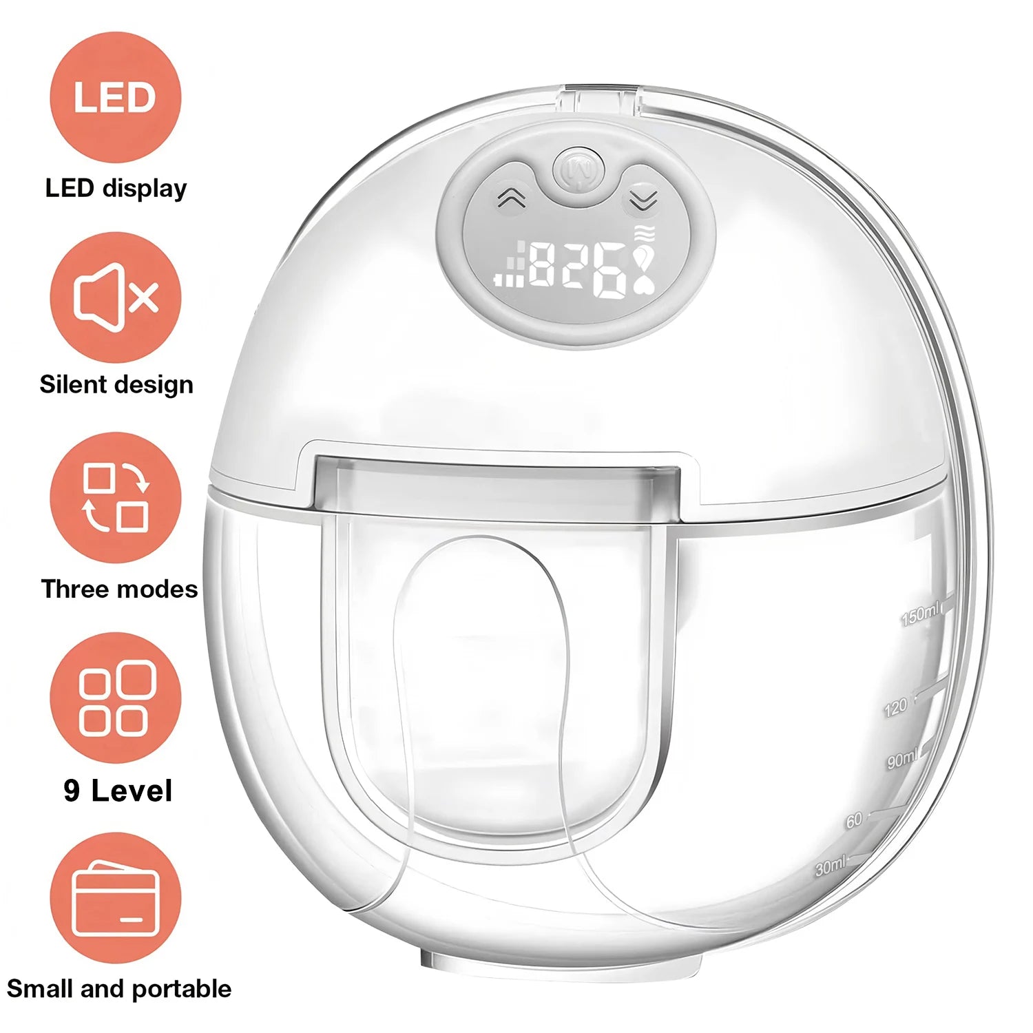 Clear humidifier with digital display and features listed on a white background