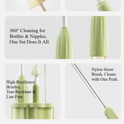 Green cleaning brush set with text highlighting features on a white background