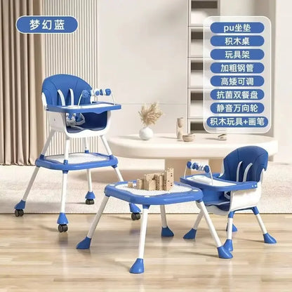 Blue and white baby high chair and table set on a wooden floor with text labels.