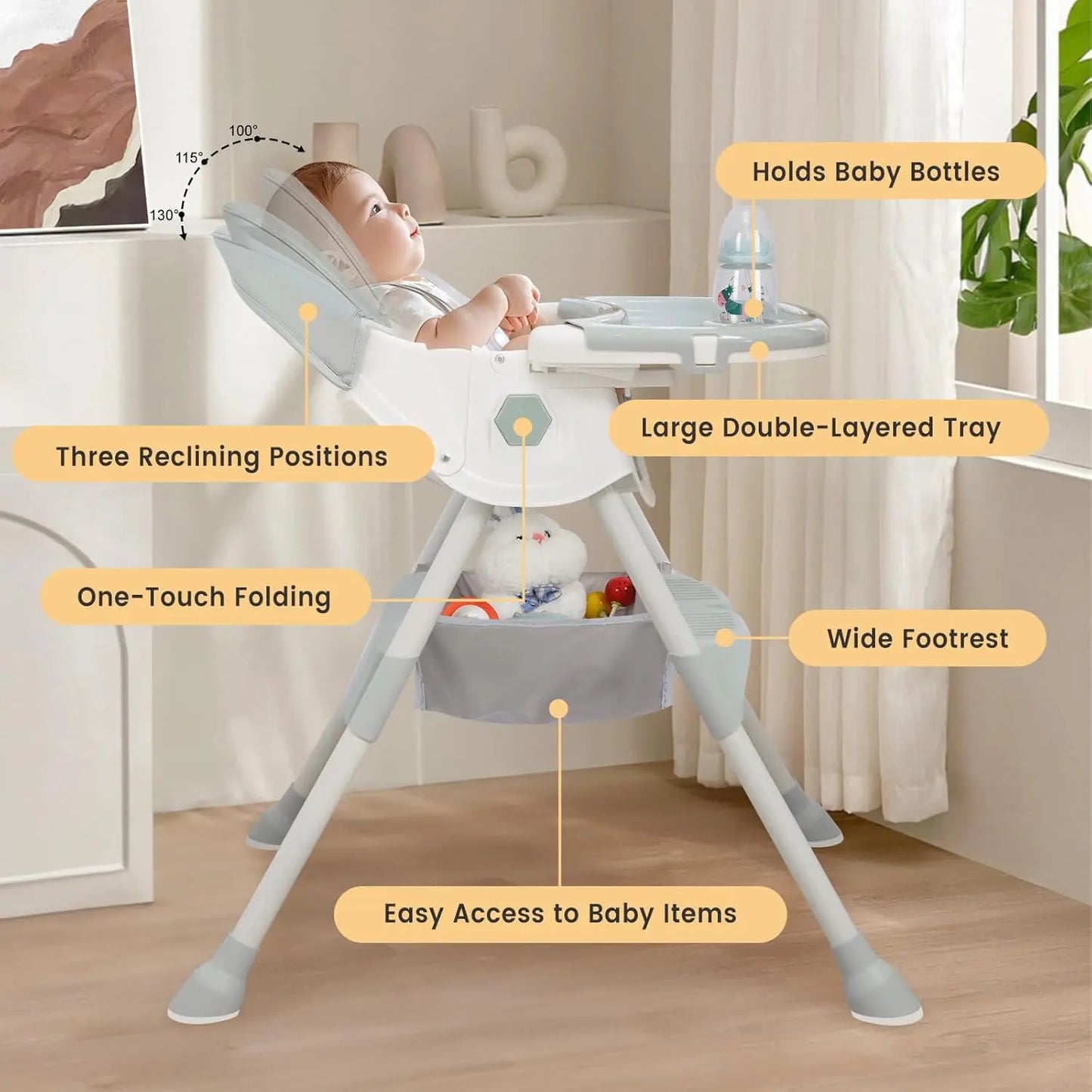 High chair with features highlighted in a home setting