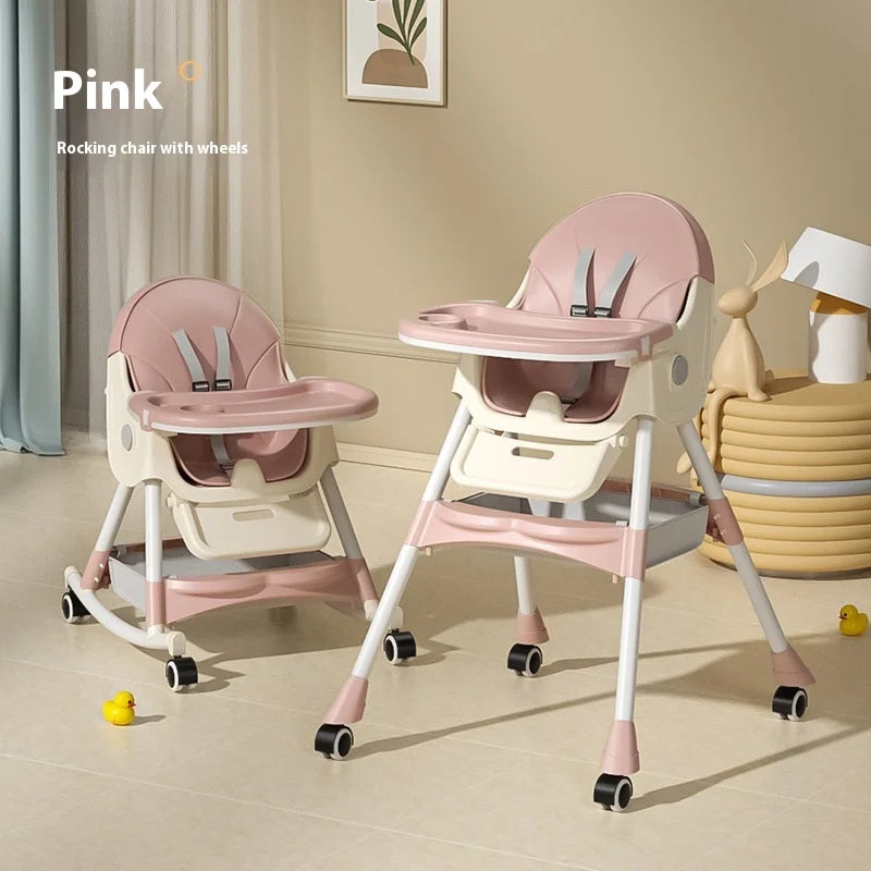 Pink rocking chair with wheels in a room setting