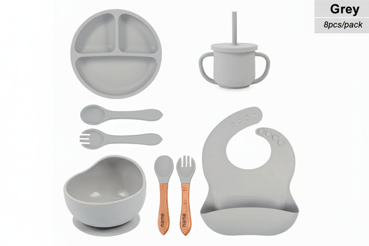 Gray baby and drinking set with name printing option on a white background