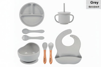 Gray baby and drinking set with name printing option on a white background