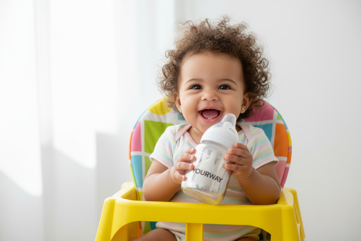 imange for the face of my boutique, baby girl mix race with curly hairholding a shiny logoted yourway bottle feeder sitting on a high  vibrating colour table chair